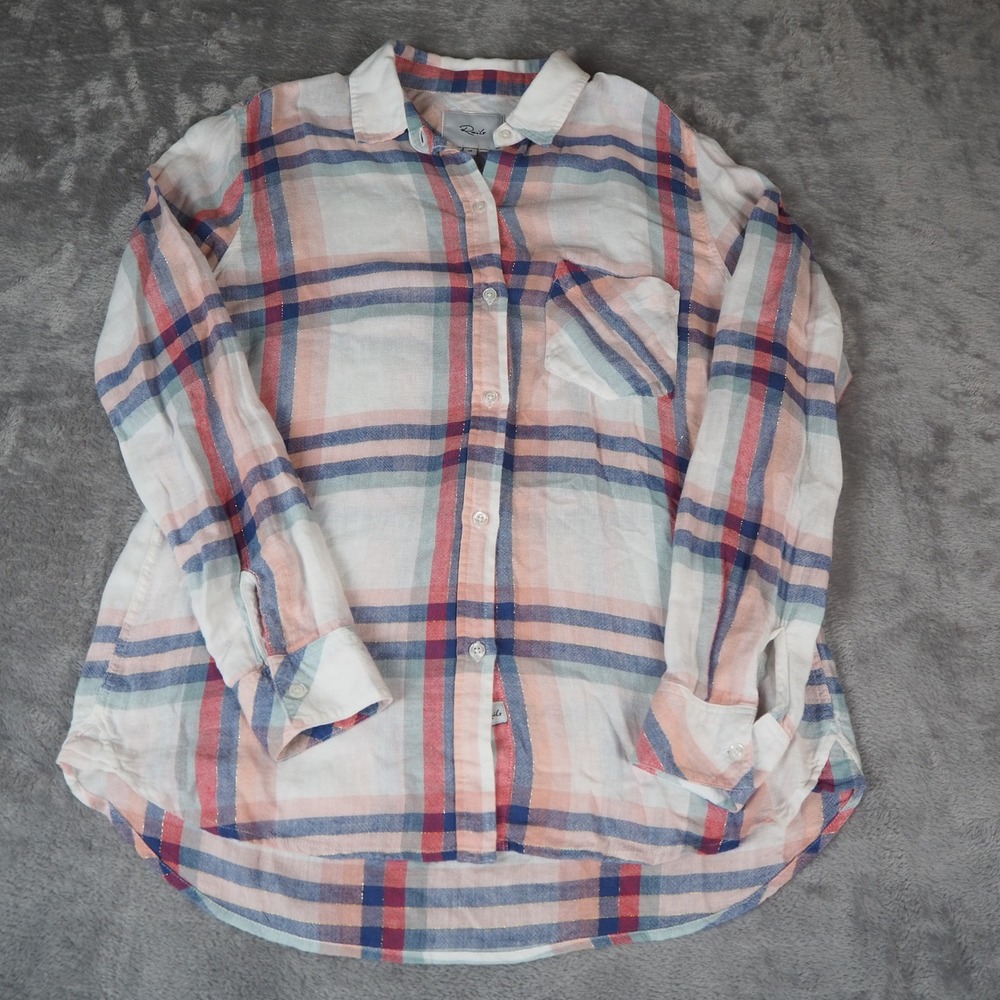 Rails Charli Button Down Shirt Women's XS White Melon Sage Plaid Metallic Linen